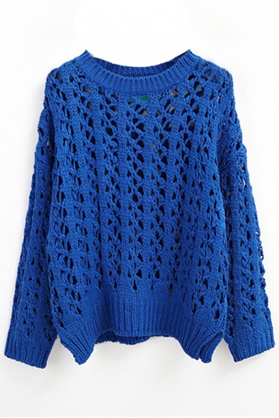 Plain Hollow Open Knit Long Sleeve Sweater