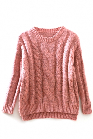 Plain Long Sleeve Cable Knit High Low Sweater