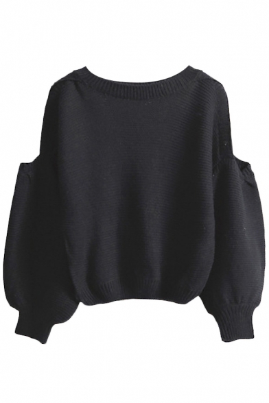 Plain Open Shoulder Boat Neck Crop Sweater