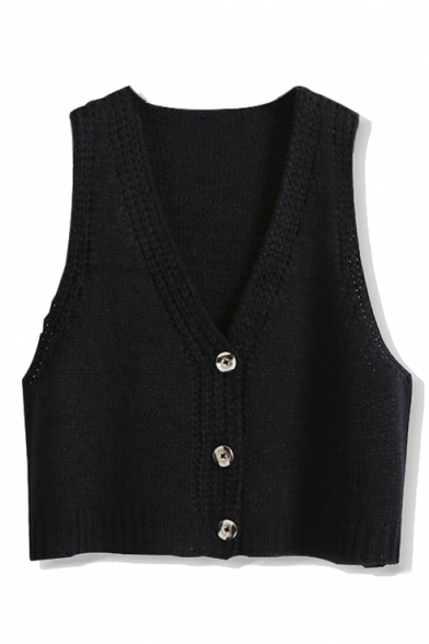 Plain V-Neck Single Breast Crop Knit Vest