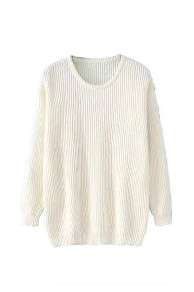 Pullover Plain Round Neck Long Sleeve Sweater - Beautifulhalo.com