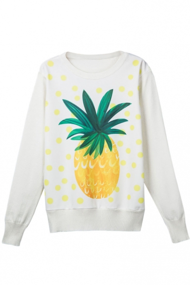 White Pineapple Print Round Neck Long Sleeve Sweatshirt