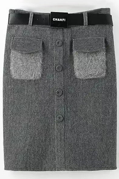 Button Detail Angora Pockets Patchwork Tube Skirt