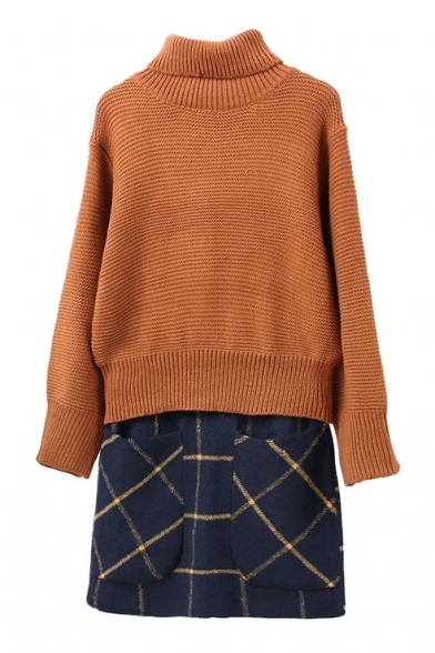 High Neck Long Sleeve Sweater with Tube Tweed Skirt