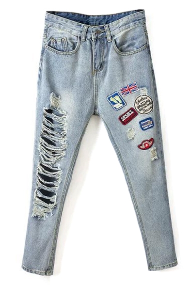 High Waist Patchwork Ripped Cigarette Jeans