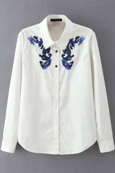 Lapel Button Down Long Sleeve Embroidery Shirt