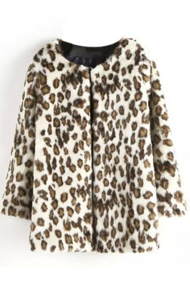 Leopard Print Faux Fur Open Front Long Coat