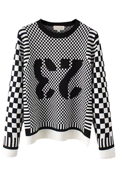 Plaid Number Color Block Pullover Long Sleeve Sweater