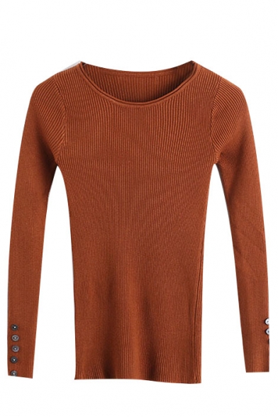 Round Neck Long Sleeve Plain Bodycon Sweater