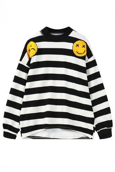 Round Neck Stripes Long Sleeve Embroidery Sweatshirt