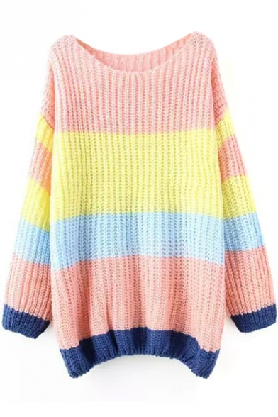 Scoop Neck Long Sleeve Color Block Long Sweater