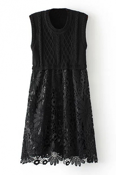 Sleeveless Knit Patchwork Lace Midi A-Line Dress