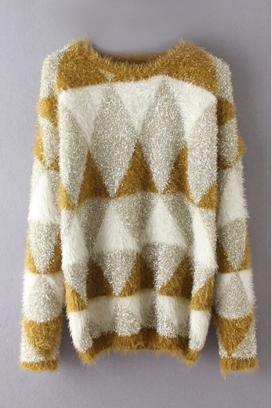 Geometric Print Fluffy Knit Long Sleeve Sweater