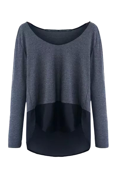 Scoop Neck Long Sleeve Color Block Patchwork High Low Sweater