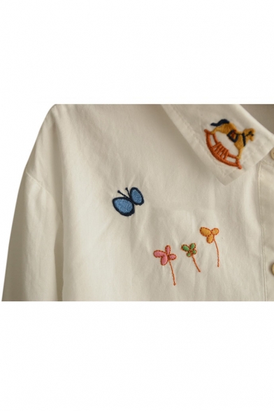 Cute Cartoon Embroidery Button Down White Shirt