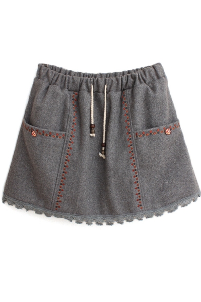 Embroidery Drawstring Waist Tweed Mini Skirt
