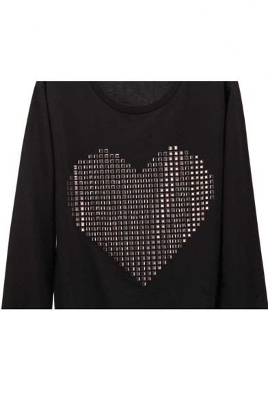 Heart Print Long Sleeve Round Neck Plain Sweatshirt