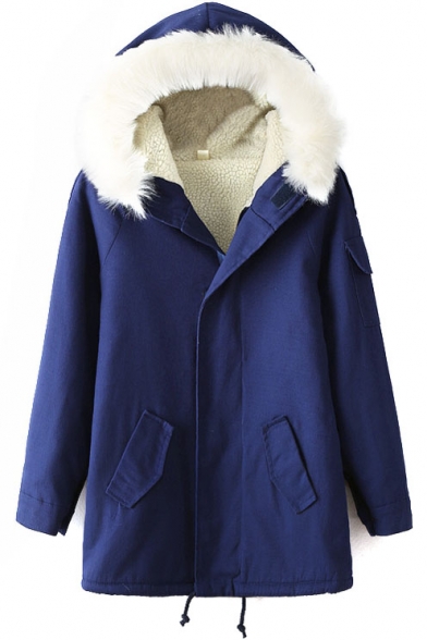 Hooded Long Sleeve Zipper Blue Coat