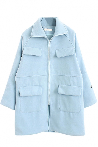 Lapel Long Sleeve Blue Zipper Tweed Coat