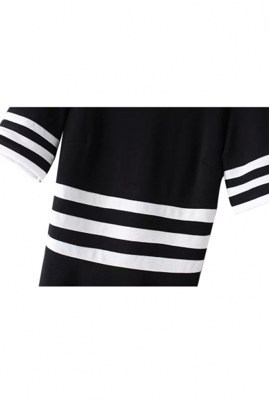 Stripe Trims Short Sleeve Color Block Midi Dress