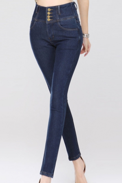 Button Fly High Waist Skinny Plan Jeans