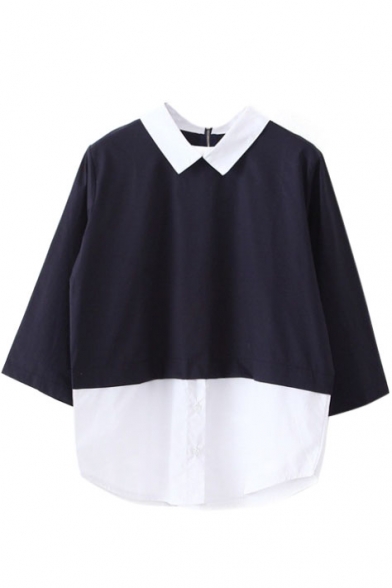 Color Block Collared Neck 3/4 Length Sleeve Blouse
