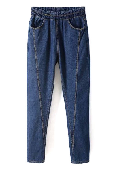 Elastic Waist Dark Blue Patchwork Harem Jeans