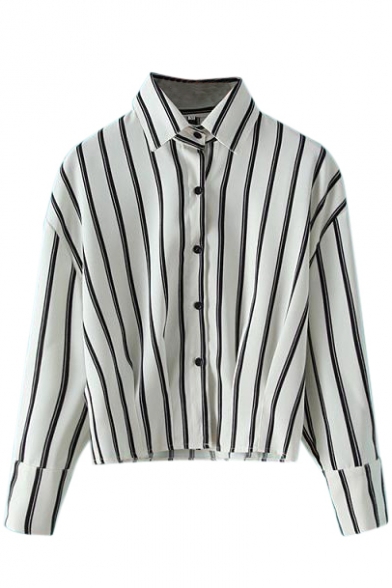 Lapel Button Down Long Sleeve Stripes Shirt