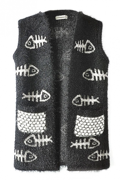 Sleeveless Double Pockets Fish Bone Print Cardigan