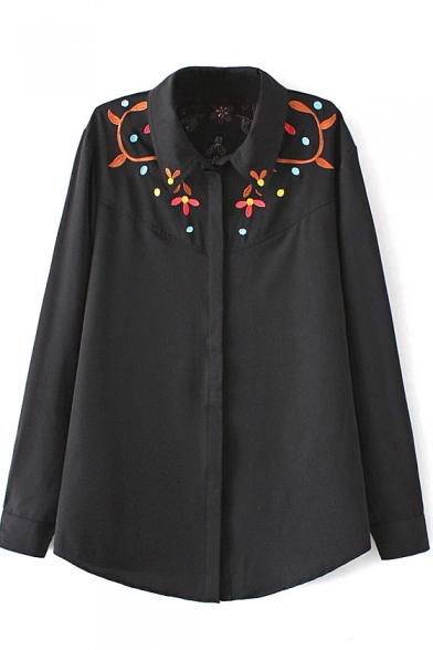 Floral Embroidery Button Down Lapel Long Sleeve Shirt