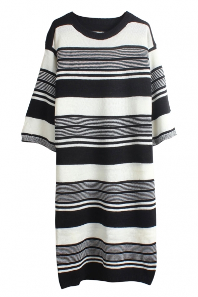 Round Neck Long Sleeve Stripes Knit Dress