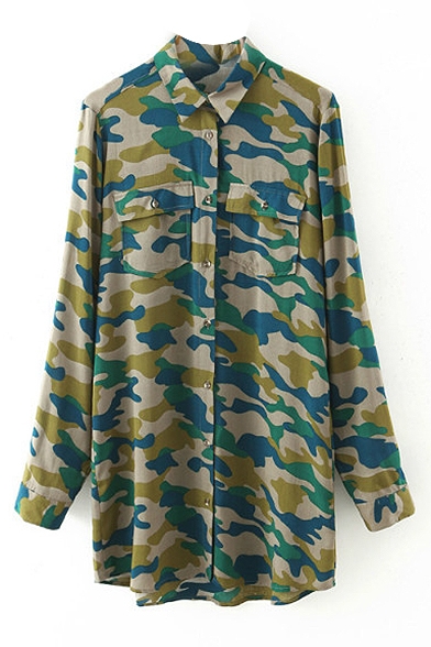 Camouflage Print Lapel Double Pockets Long Shirt