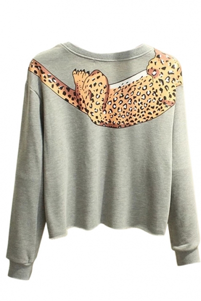 Cropped Tiger Print Round Neck Long Sleeve Sweatshirt