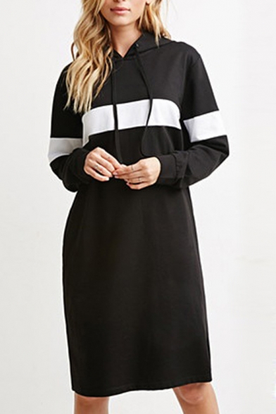 Hooded Long Sleeve Color Block Midi Dress