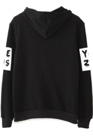 Hooded Long Sleeve Letter Print Black Sweatshirt - Beautifulhalo.com