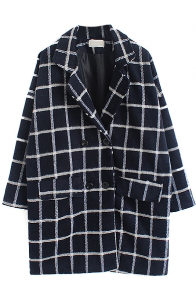 Notched Lapel Double Breasted Plaid Coat