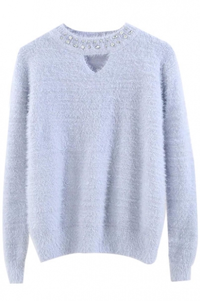 Beading Round Neck Cutout Front Plain Long Sleeve Sweater
