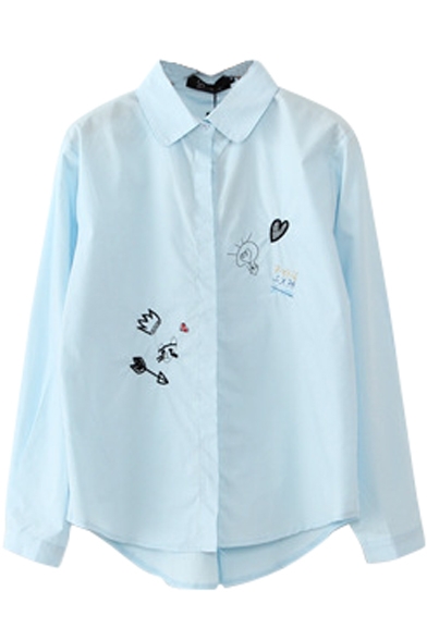 Blue Button Down Embroidery Long Sleeve Shirt
