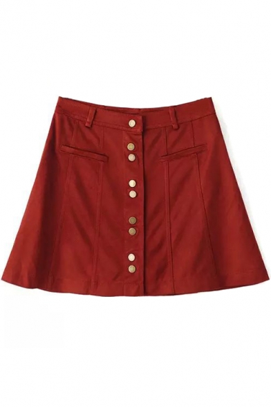 Button Fly Plain A-Line Mini Skirt