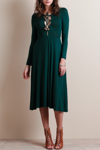 Cross Tie Front Green Long Sleeve Midi Dress