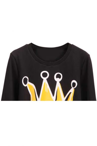 Crown Print Long Sleeve Round Neck Sweatshirt