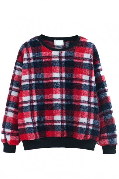 Lamb Wool Plaid Long Sleeve Round Neck Sweatshirt