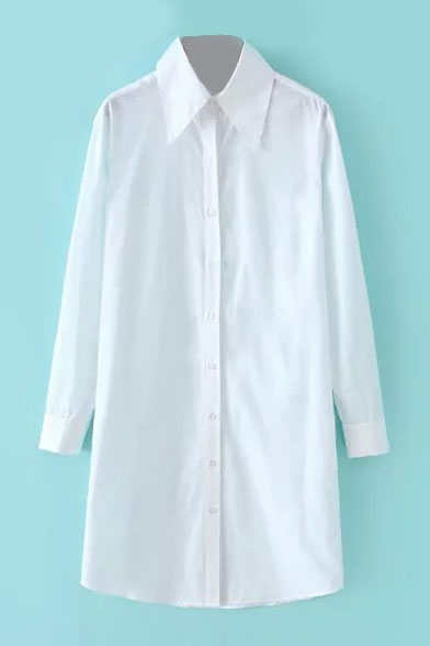 Lapel Long Sleeve Button Down Long White Shirt