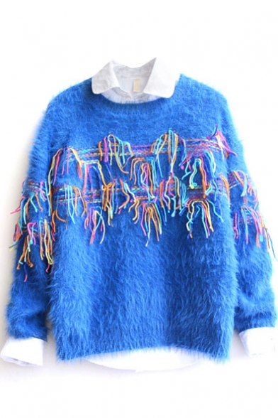 Mohair Colored Tassel Long Sleeve Sweater