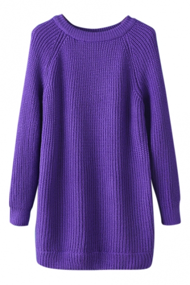 Plain Long Sleeve Round Neck Long Sweater