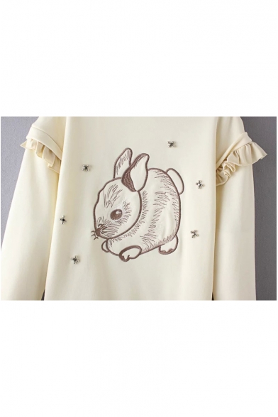 Rabbit Embroidery Ruffle Detail Round Neck Sweatshirt