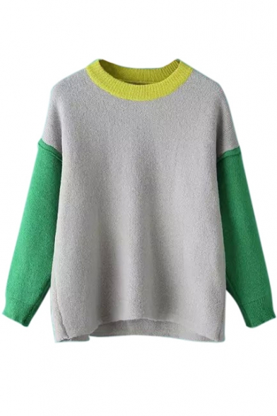 Round Neck Long Sleeve Color Block Patchwork Sweater
