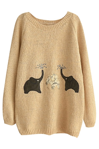 Round Neck Long Sleeve Elephant Embroidery Sweater