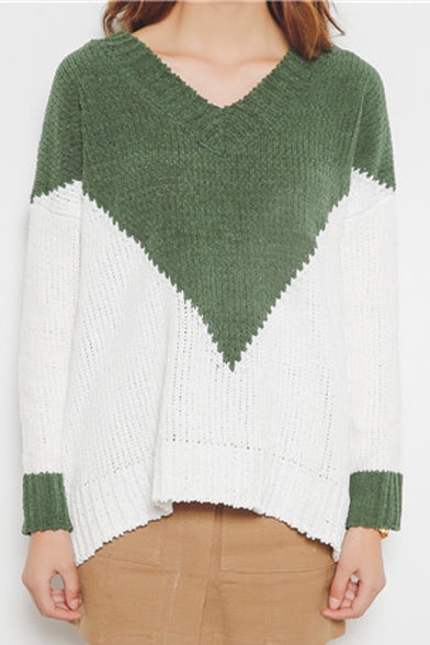 V-Neck Long Sleeve Color Block Sweater