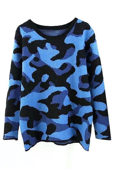 Camouflage Print Long Sleeve Round Neck Sweater